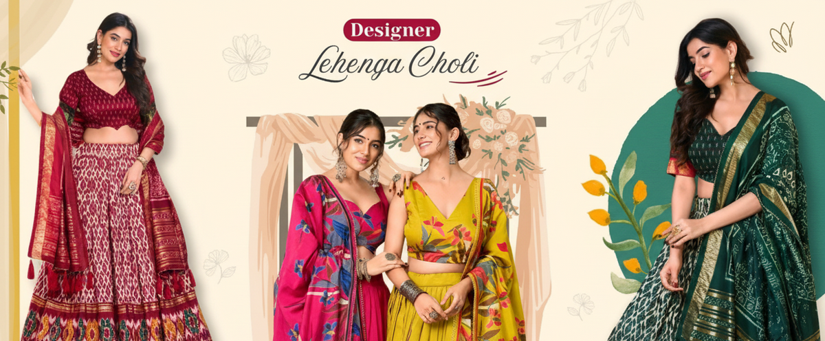 Three women in colorful traditional dresses with 'Designer Lehenga Choli' t