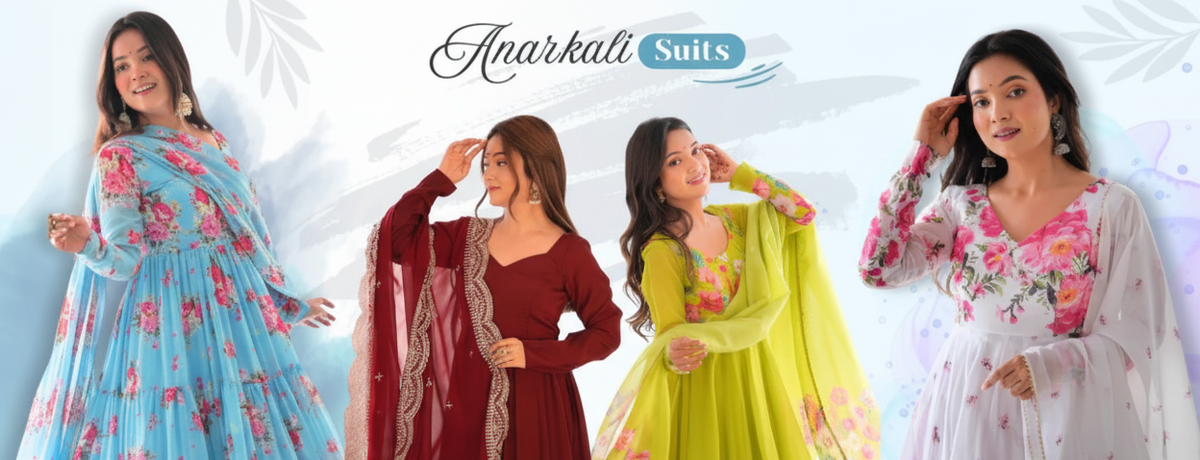 Four women modeling Anarkali suits with a white background
