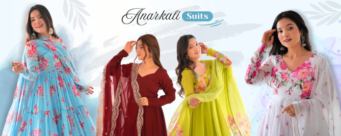 Four women modeling Anarkali suits with a white background