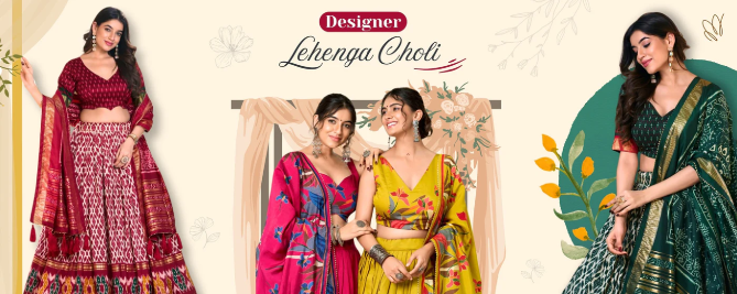 Three women in colorful traditional dresses with 'Designer Lehenga Choli' t