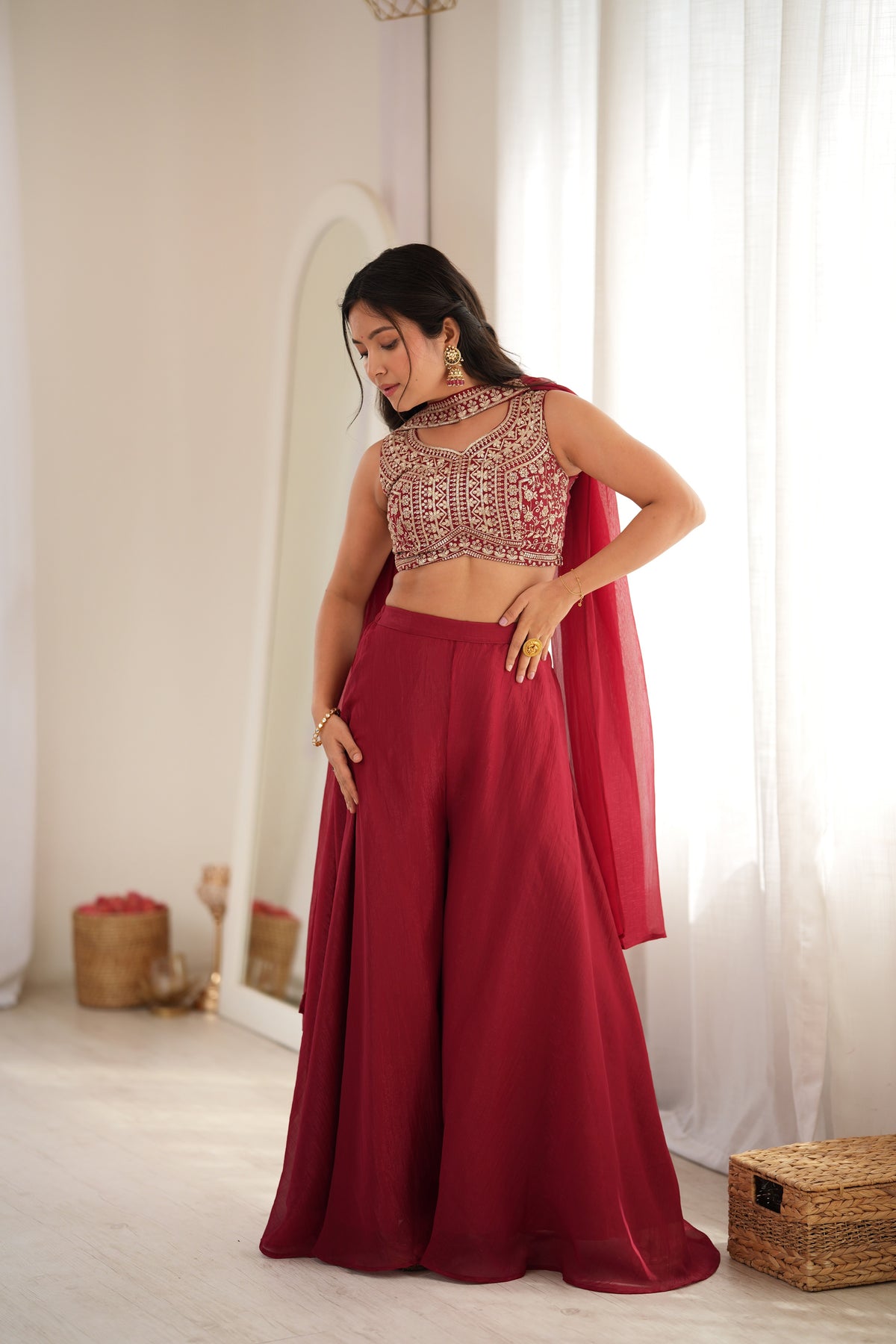 Deep Maroon Embroidered Crop Top Indo-Western Set