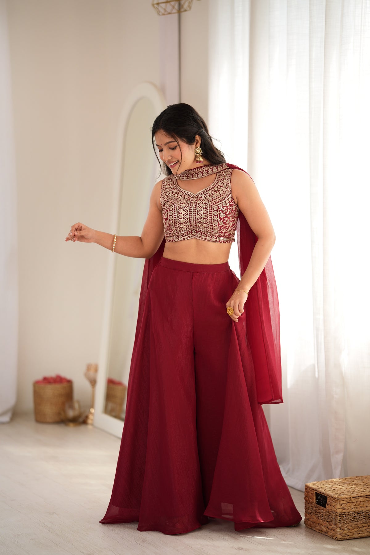 Deep Maroon Embroidered Crop Top Indo-Western Set