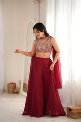 Deep Maroon Embroidered Crop Top Indo-Western Set
