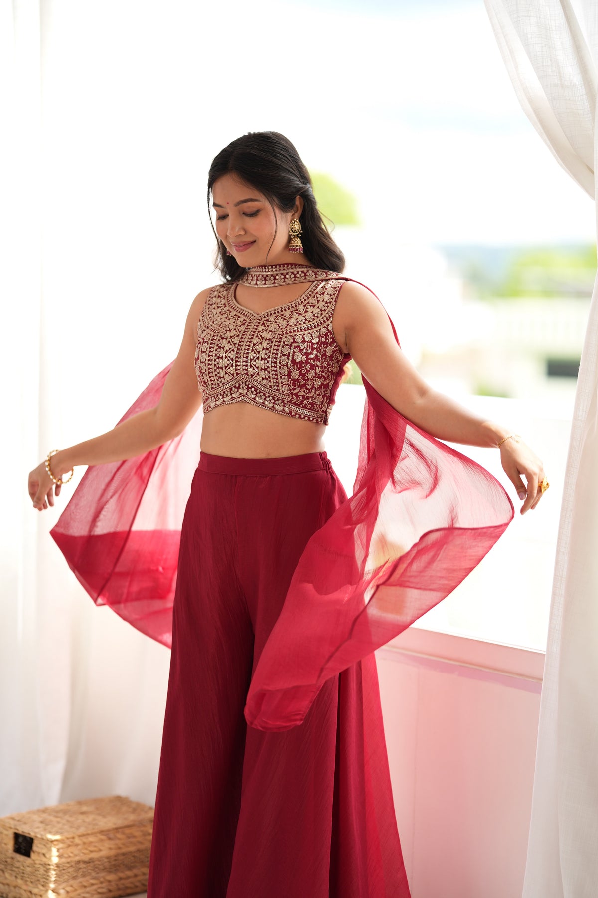 Deep Maroon Embroidered Crop Top Indo-Western Set
