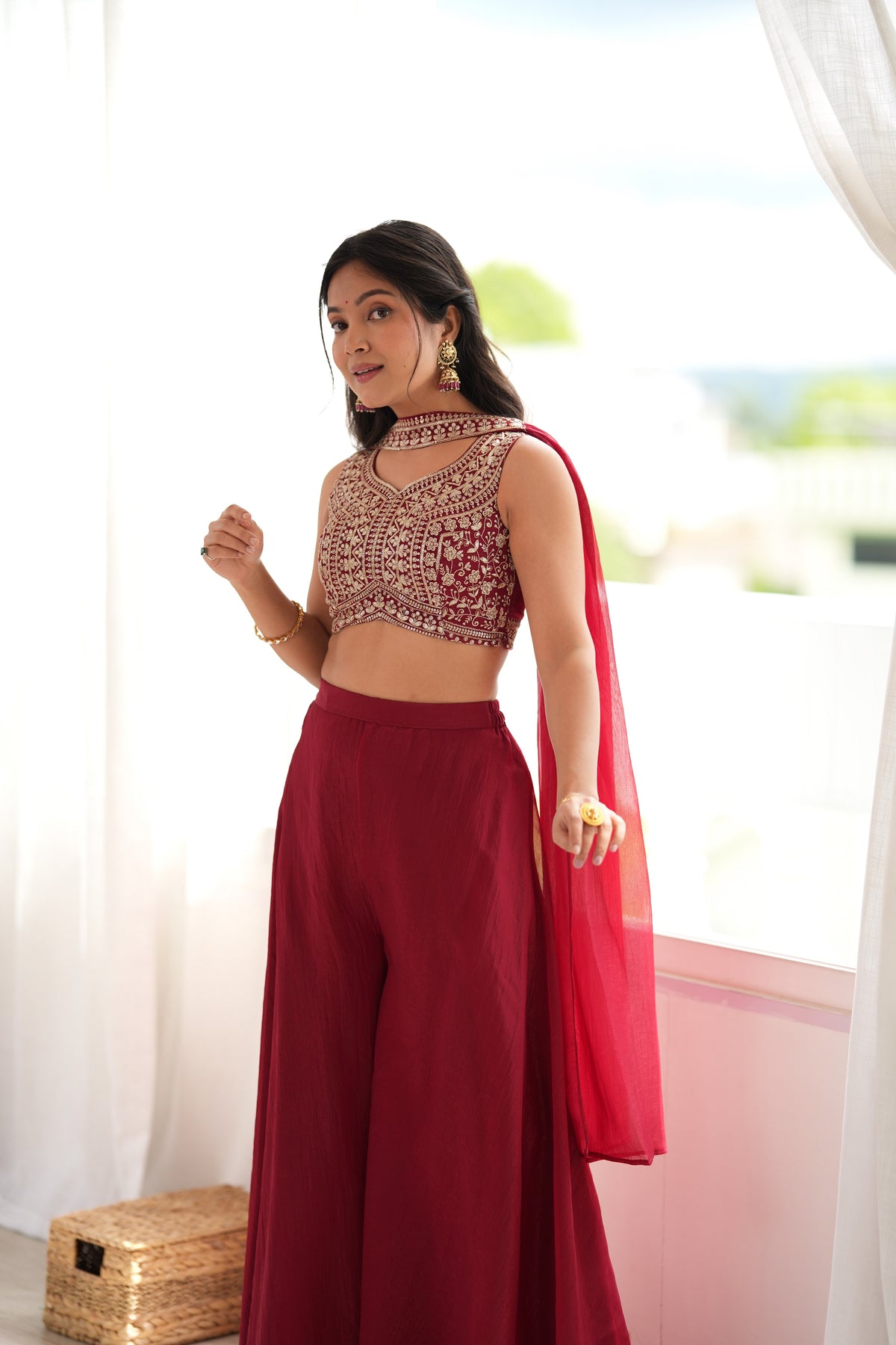 Deep Maroon Embroidered Crop Top Indo-Western Set