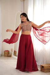 Deep Maroon Embroidered Crop Top Indo-Western Set