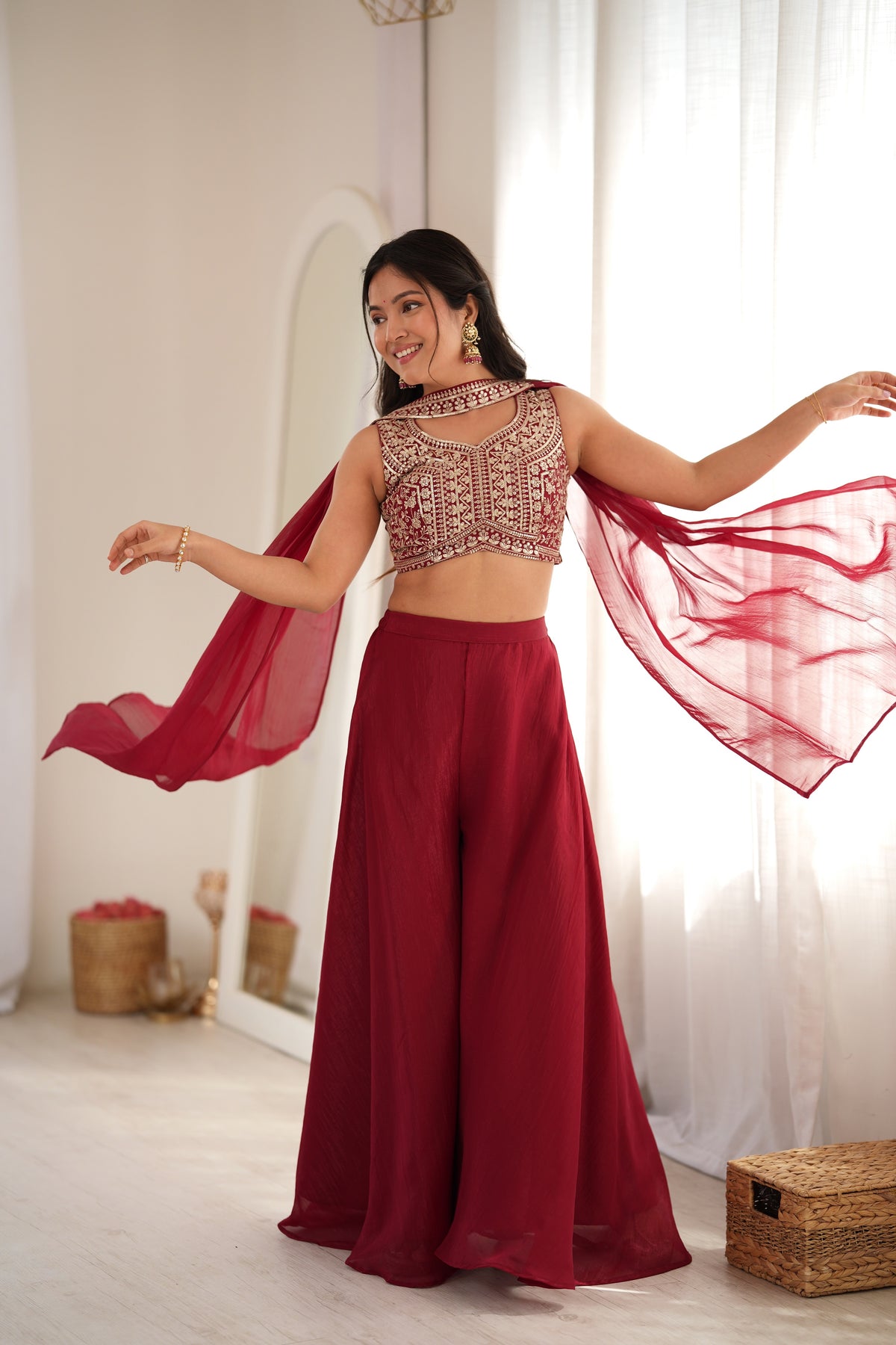 Deep Maroon Embroidered Crop Top Indo-Western Set