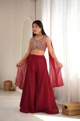 Deep Maroon Embroidered Crop Top Indo-Western Set
