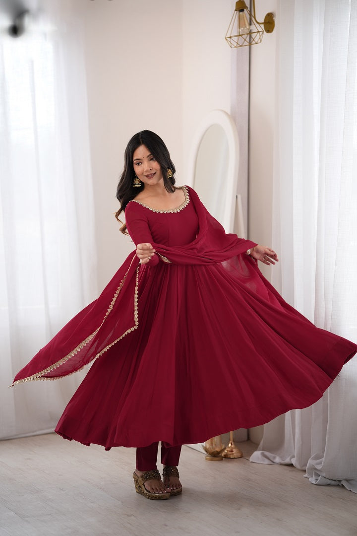 Maroon Mal Chanderi Mirror Work 16 Kali Anarkali Suit