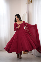 Maroon Mal Chanderi Mirror Work 16 Kali Anarkali Suit