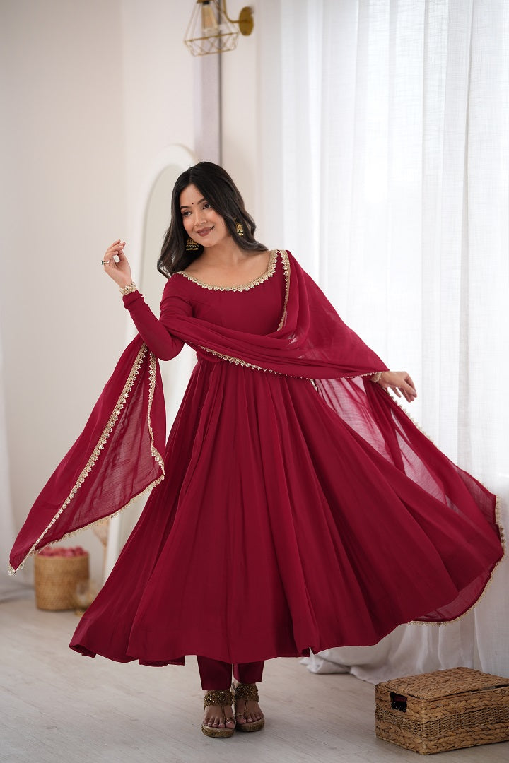 Maroon Mal Chanderi Mirror Work 16 Kali Anarkali Suit