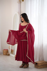Maroon Mal Chanderi Mirror Work 16 Kali Anarkali Suit