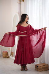 Maroon Mal Chanderi Mirror Work 16 Kali Anarkali Suit