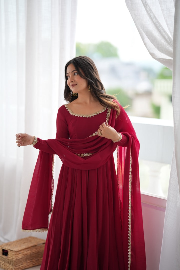 Maroon Mal Chanderi Mirror Work 16 Kali Anarkali Suit