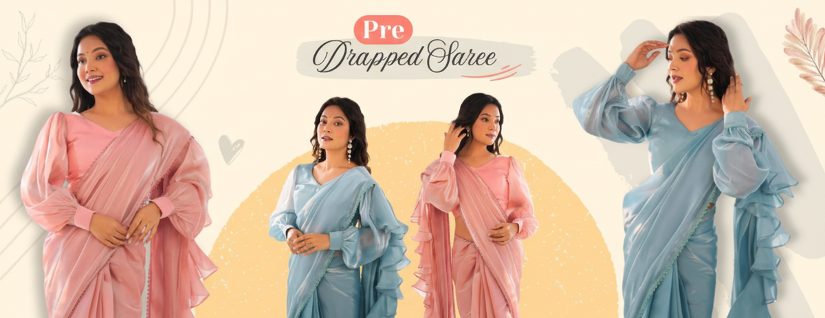 Four women wearing pink and blue sarees