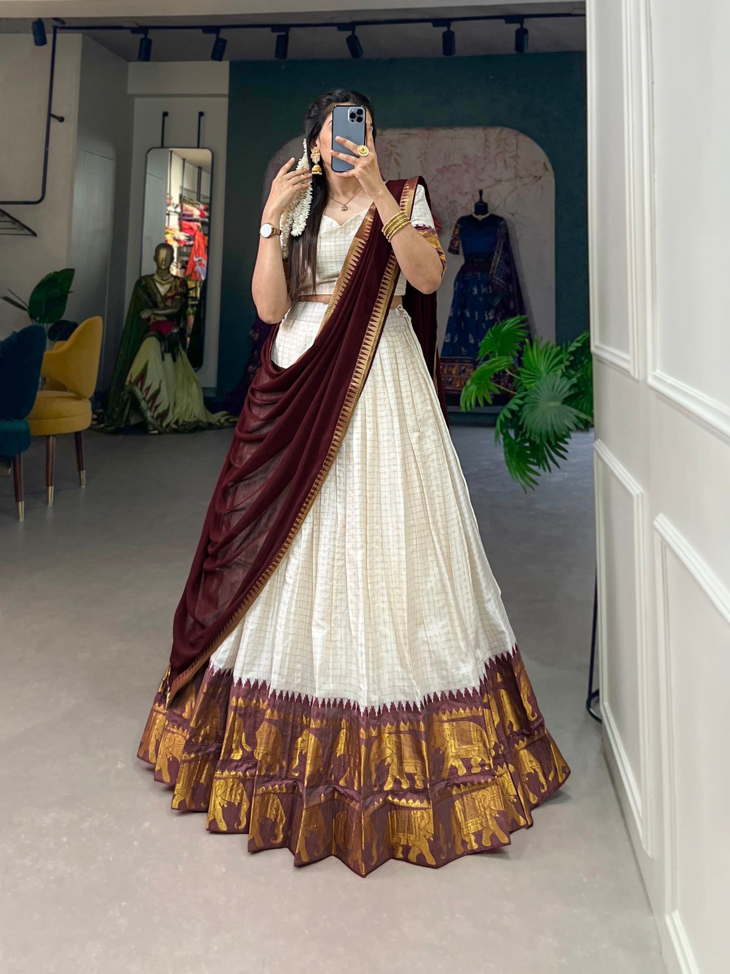 White And Maroon Color Poly Cotton Chex Onam Half Saree