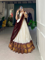 White And Maroon Color Poly Cotton Chex Onam Half Saree