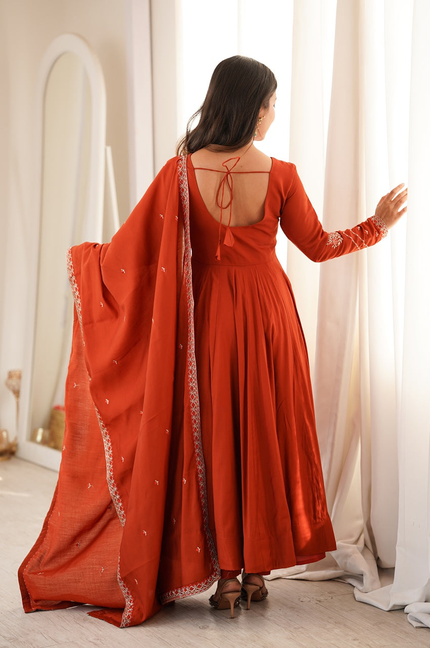 Rust Orange Chanderi Silk Embroidered 16 Kali Anarkali Suit