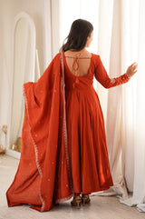 Rust Orange Chanderi Silk Embroidered 16 Kali Anarkali Suit