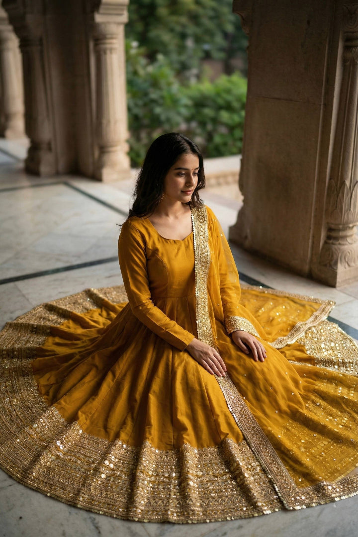 Woman in a mustard yellow traditional outfit with gold details sitting on a marble floor.