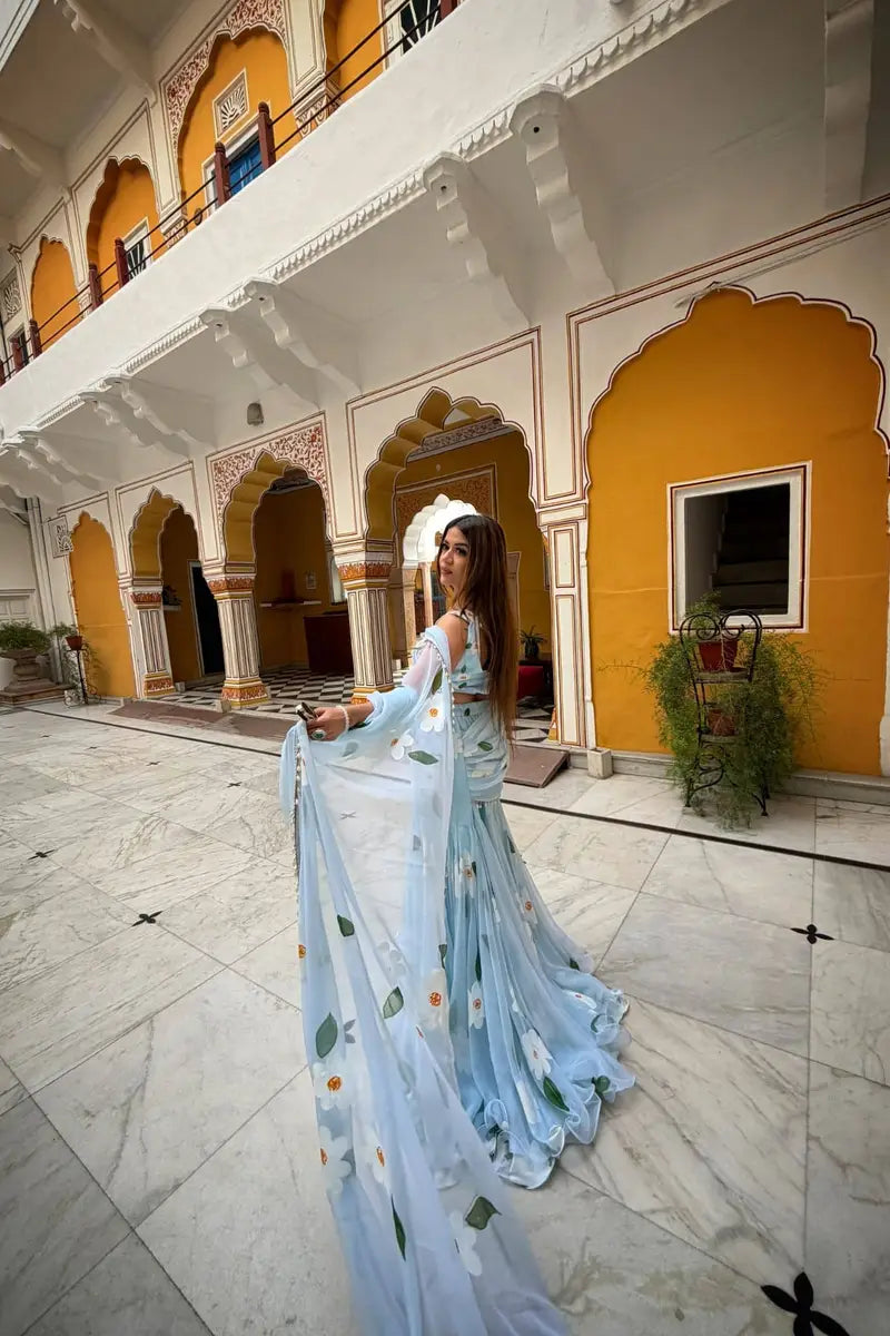 Sky Blue Floral Print Lehenga Saree With Blouse Material
