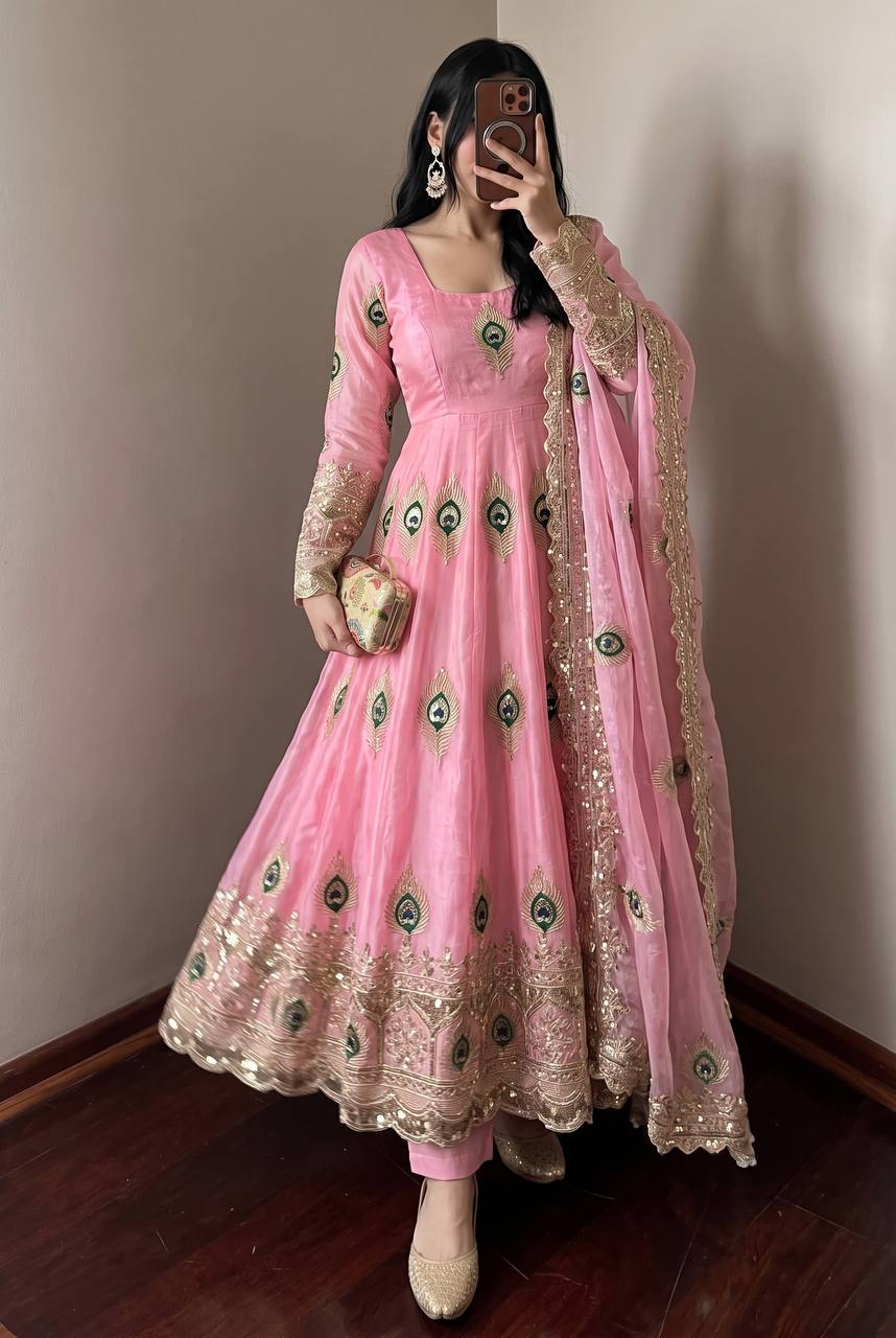 Peacock Baby Pink Silk Anarkali Suit With Detailing