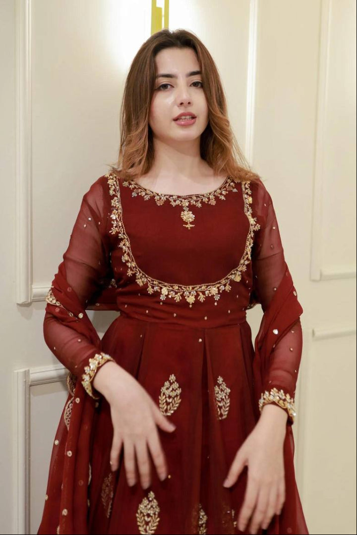 Maroon Designer Embroidery Sequins Work Gown