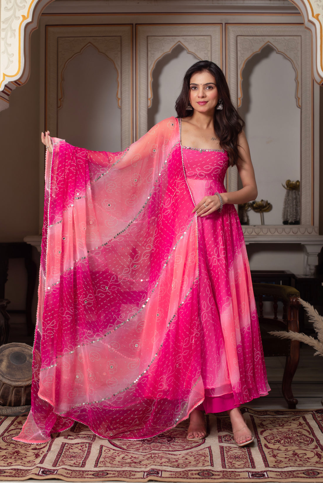Menaka Pink Bandhej Print Anarkali Suit Set