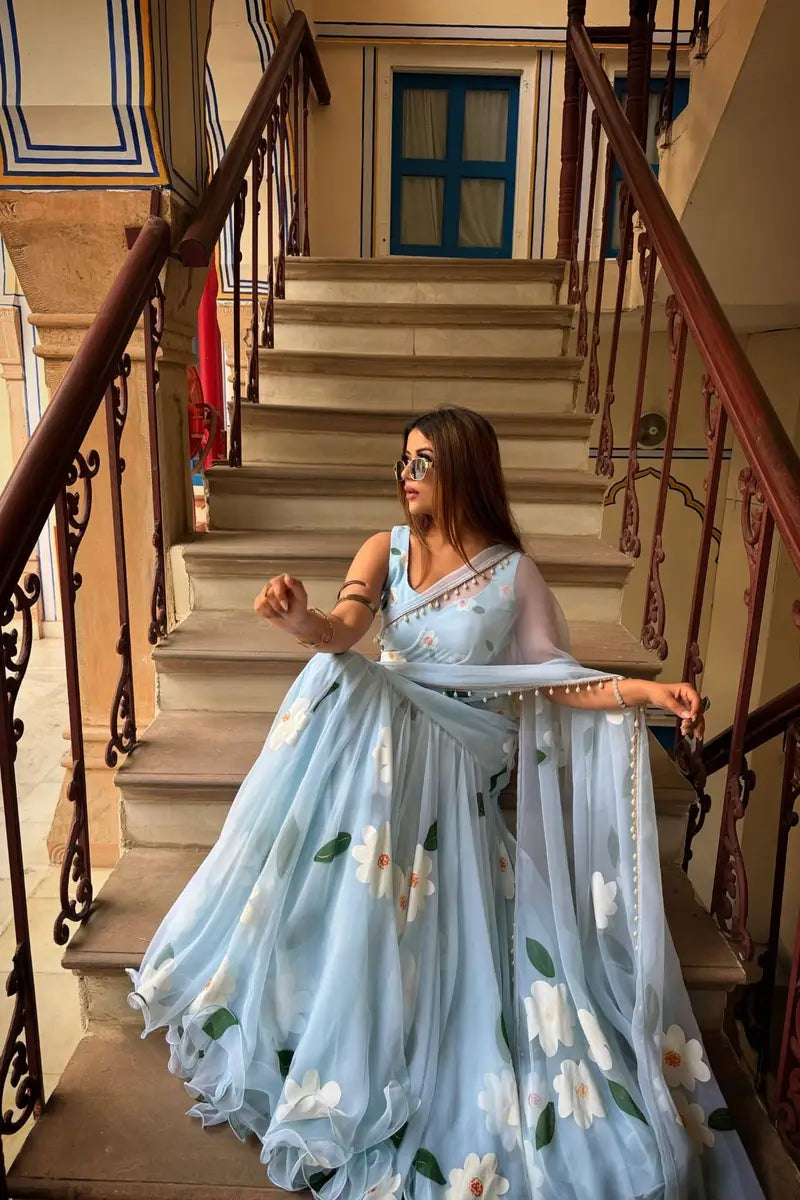 Sky Blue Floral Print Lehenga Saree With Blouse Material