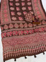 Elephant Mirror Work Ajrakh Printed Saree