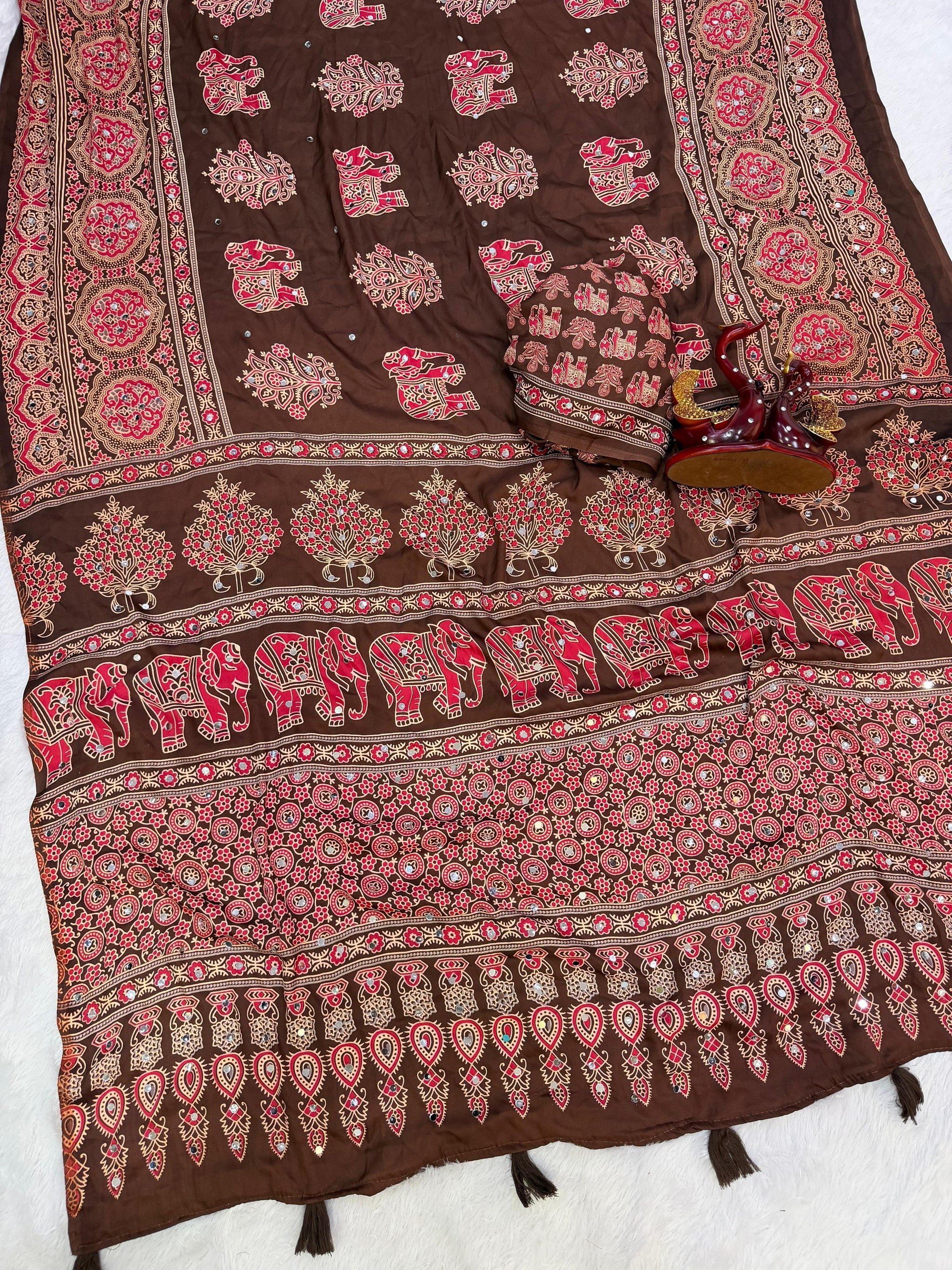 Elephant Mirror Work Ajrakh Printed Saree