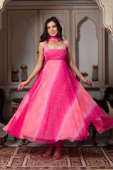Menaka Pink Bandhej Print Anarkali Suit Set
