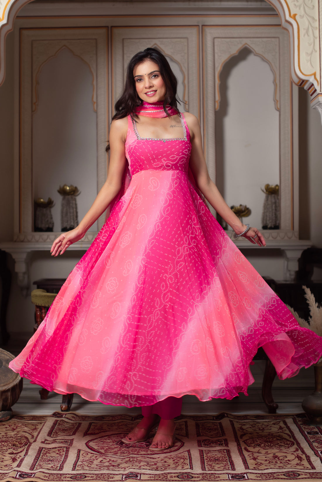 Menaka Pink Bandhej Print Anarkali Suit Set