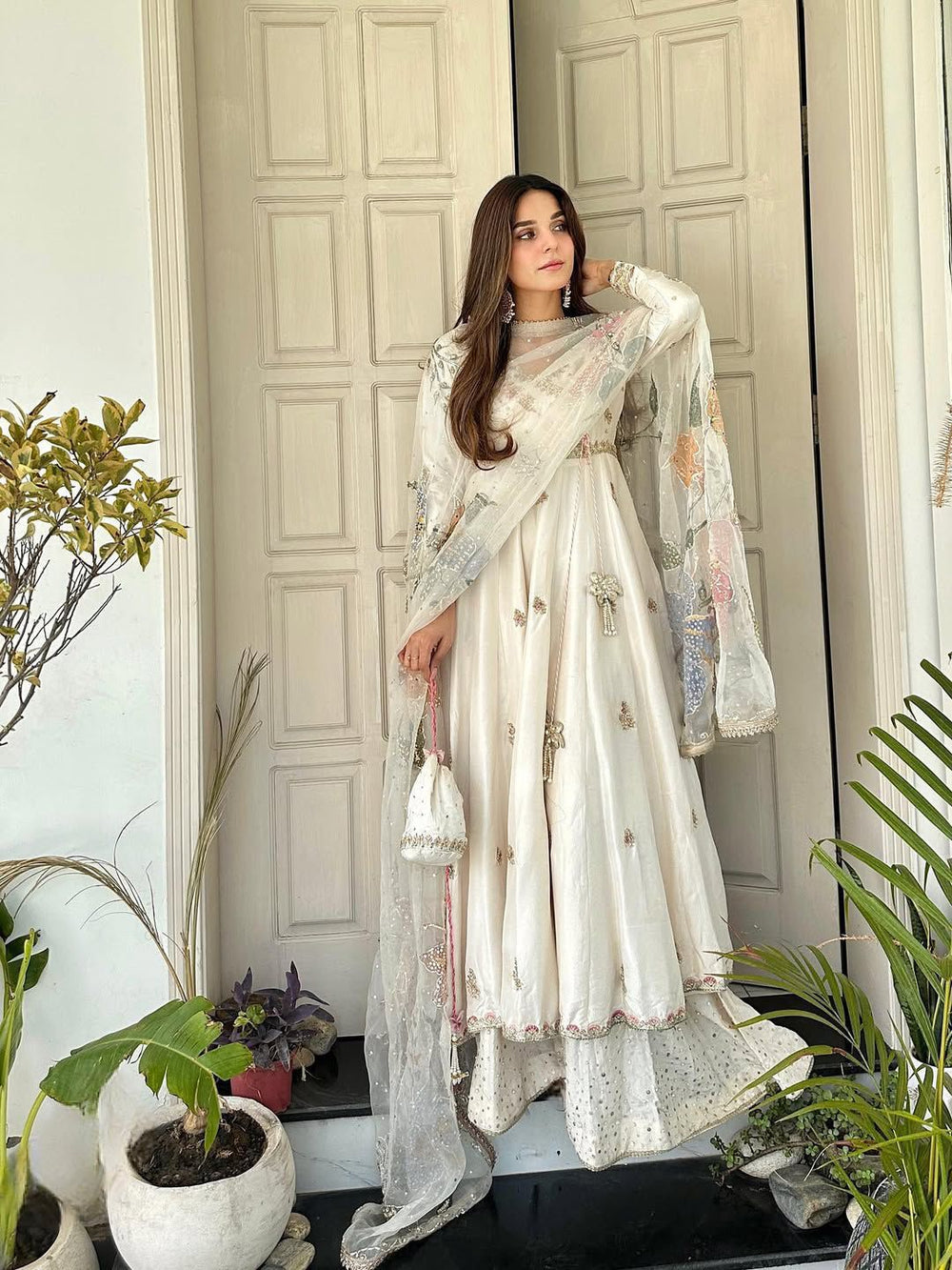Cream Anarkali Suit With Embroidery Sequence Work