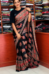 Elephant Mirror Work Ajrakh Printed Saree