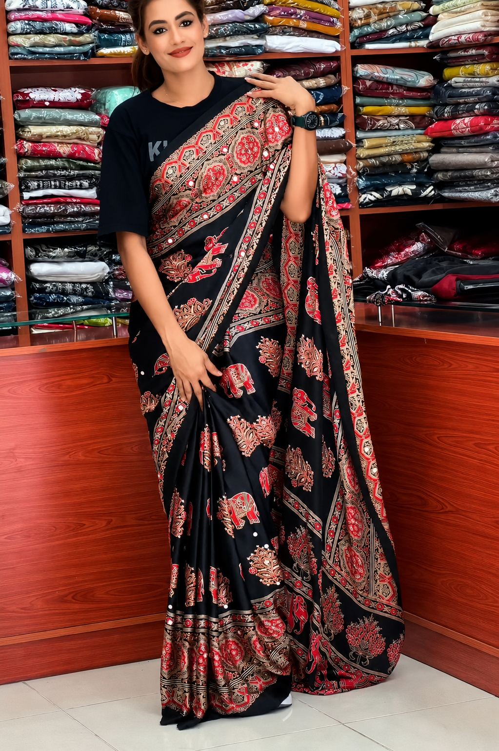 Elephant Mirror Work Ajrakh Printed Saree