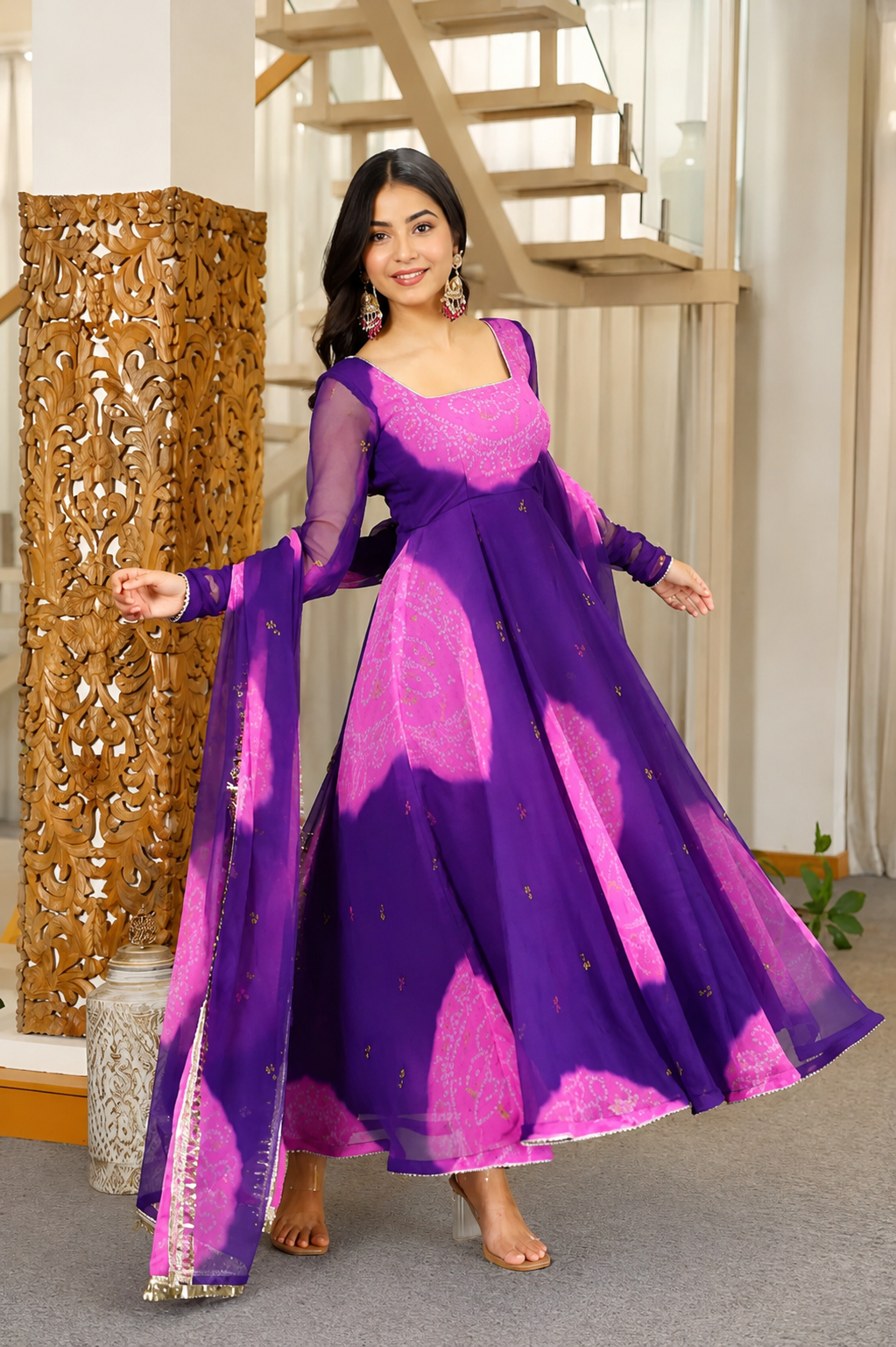 Rimjhim Purple Bandhej Designer Anarkali Suit Set