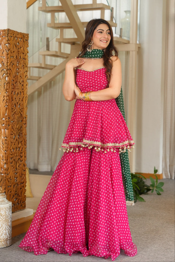 Pink Bandhani Kediya Style Sharara Suit Set