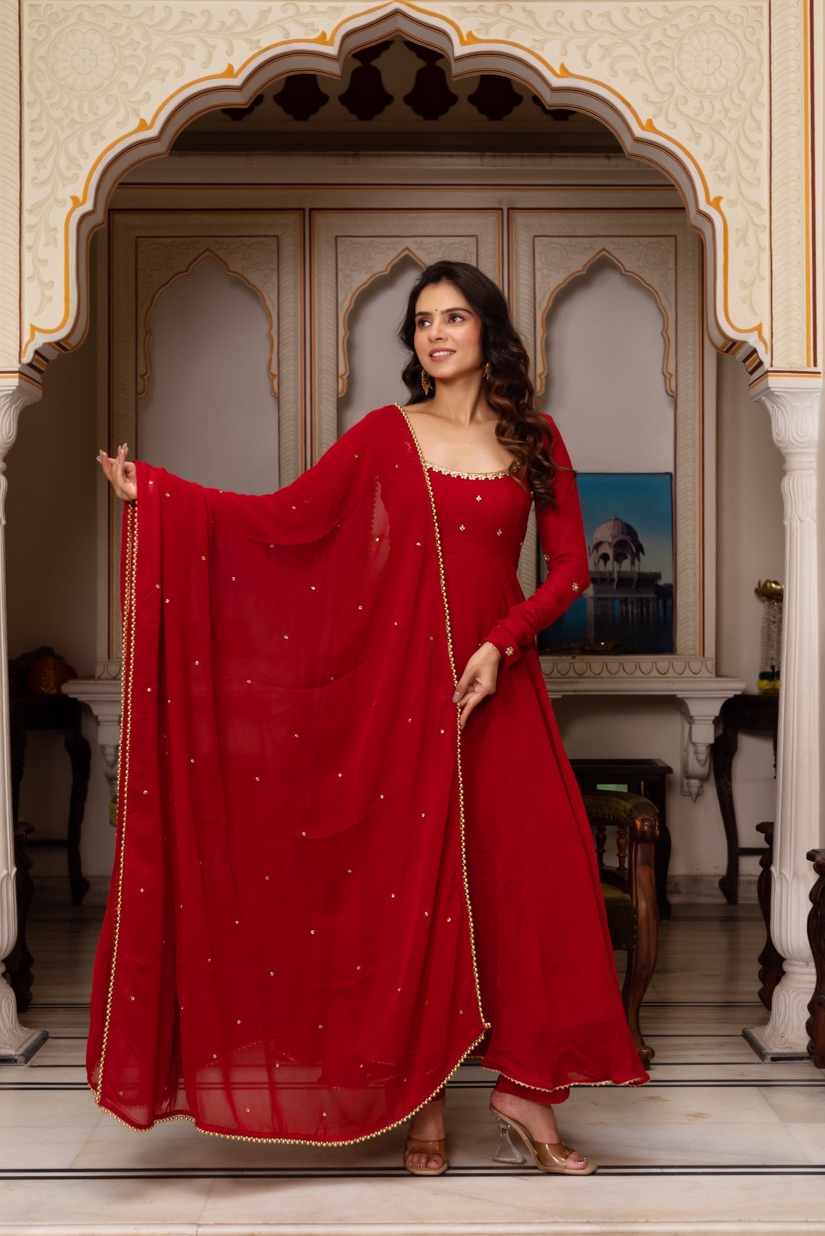 RED COLOR GEORGETTE BASE HAND WORK ANARKALI SUIT SET