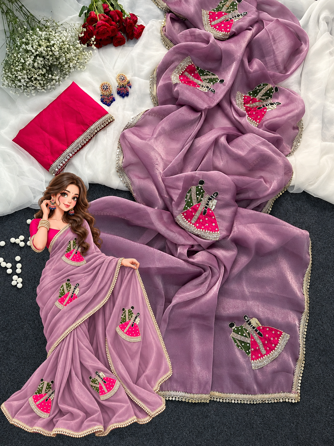 A lavender purple saree with pink and green embroidered motifs and gold zari borders, displayed with a matching blouse piece, flowers, and a doll on a dark gray and white fabric background.