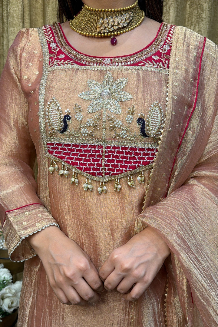 A close-up of a traditional Indian salwar kameez outfit in beige-gold fabric with red and silver embroidery, featuring a heavily embellished yoke with peacock motifs and a matching dupatta.
