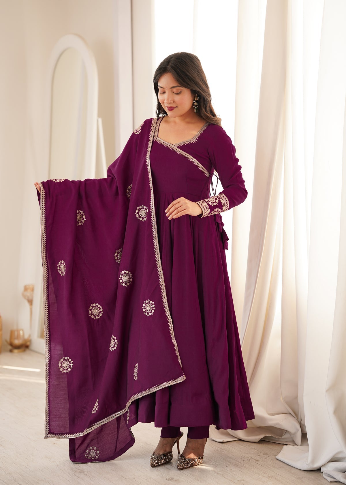 Wine Purple Angrakha Style Anarkali Suit Set