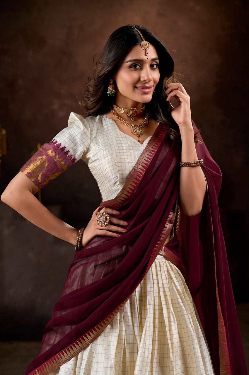 White And Maroon Color Poly Cotton Chex Onam Half Saree