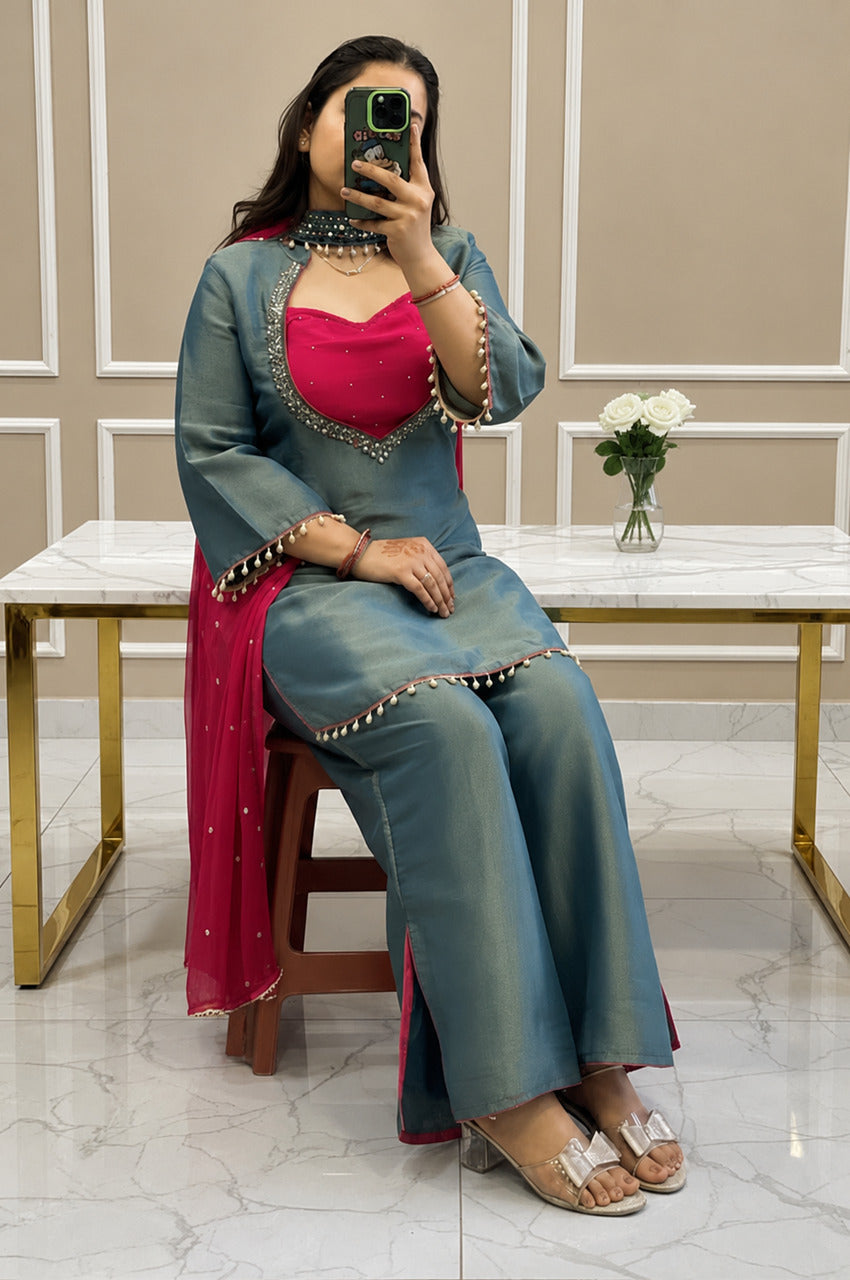 Premium Golden Roman Glass Silk Bustier Suit Set