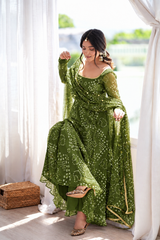 Mahendi Green Bandhani Print Faux Georgette Anarkali Set