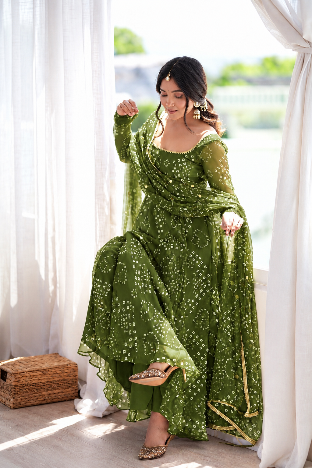 Mahendi Green Bandhani Print Faux Georgette Anarkali Set