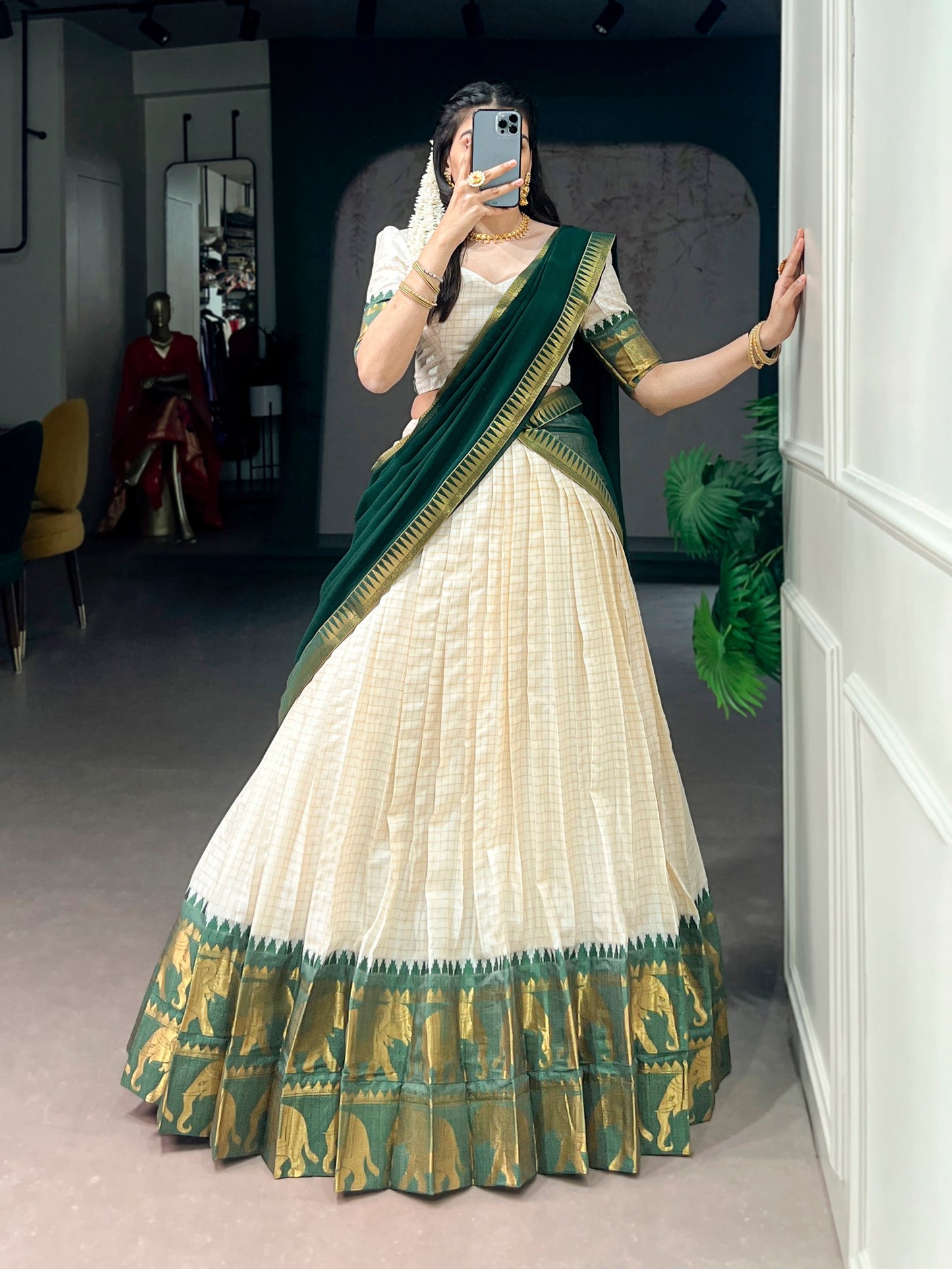 White And Maroon Color Poly Cotton Chex Onam Half Saree