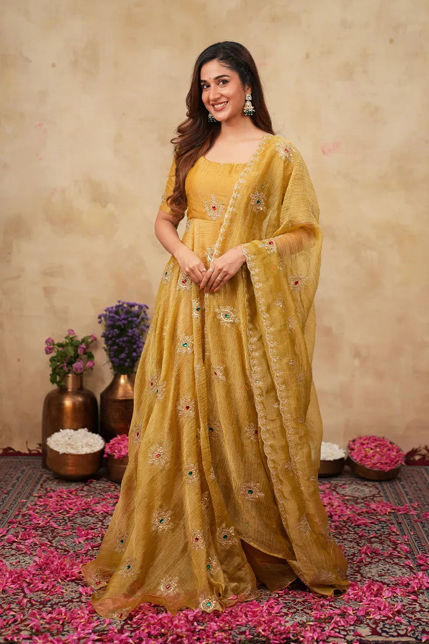 Golden Yellow Ravina Premium Crush Tissue Anarkali Set
