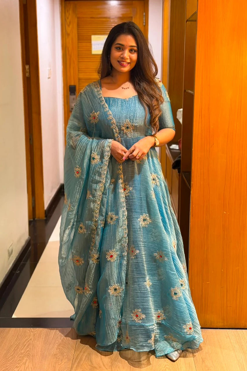 Green Ravina Premium Crush Tissue Anarkali Set