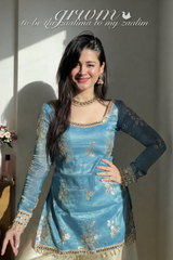 Tea Blue Embroidery Work Kurta Set